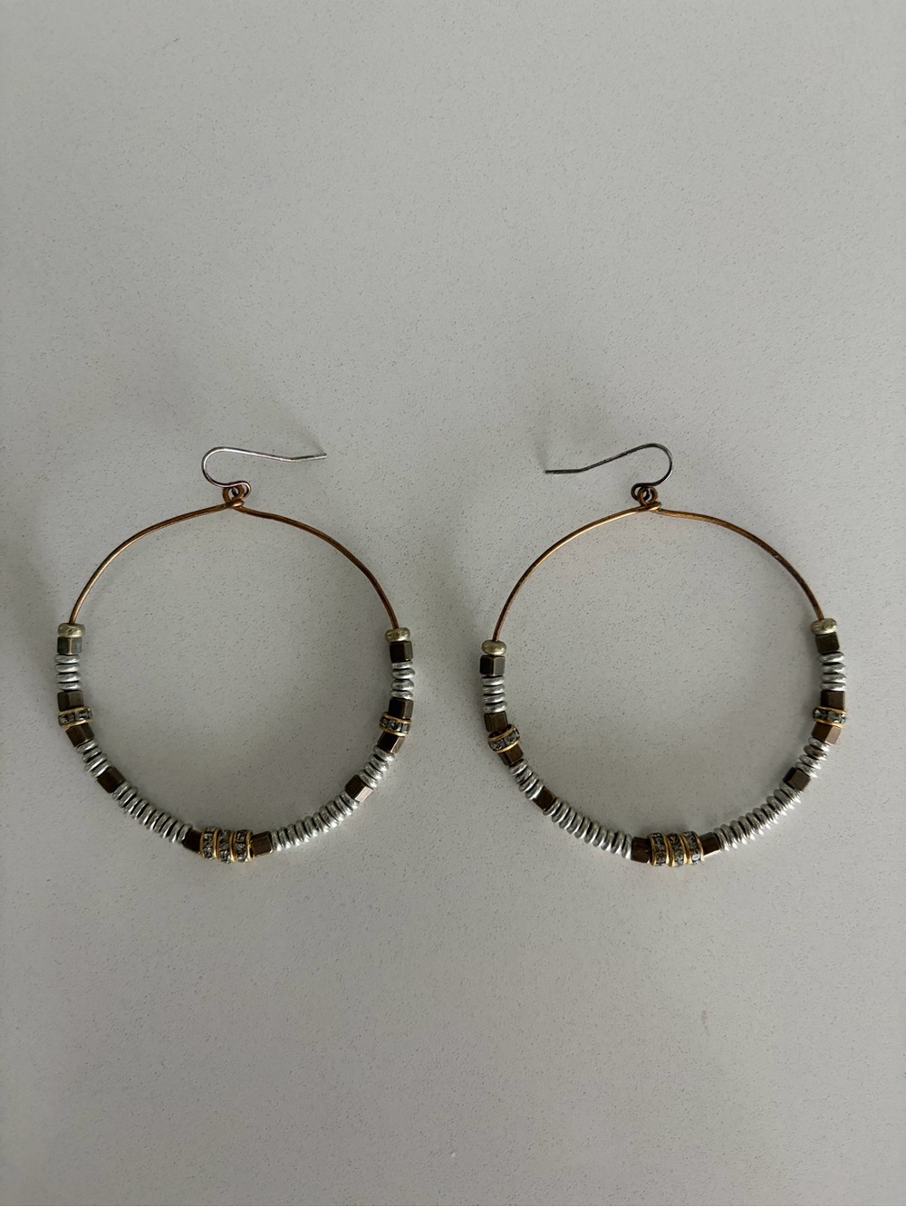 Mixed Metal Hoop Earrings - Silver and Gold Beaded Design
